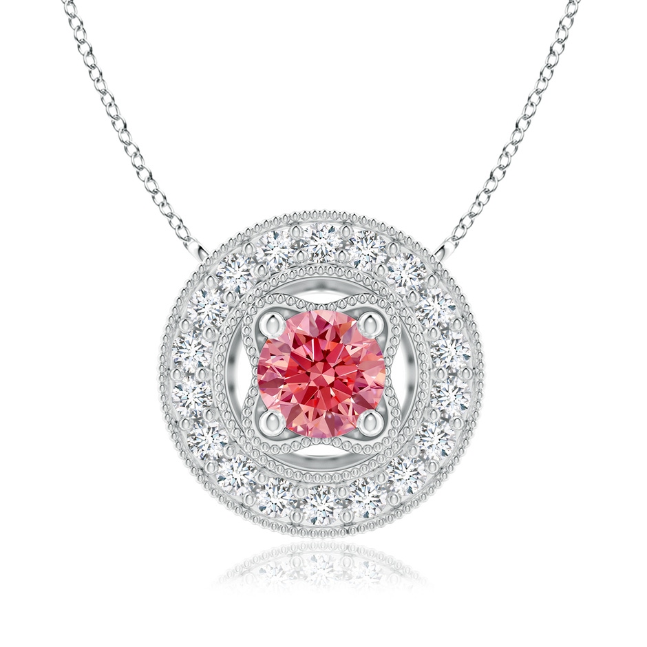 6.4mm AAAA Vintage Style Fancy Intense Pink Diamond Halo Pendant with Milgrain Detailing in White Gold 