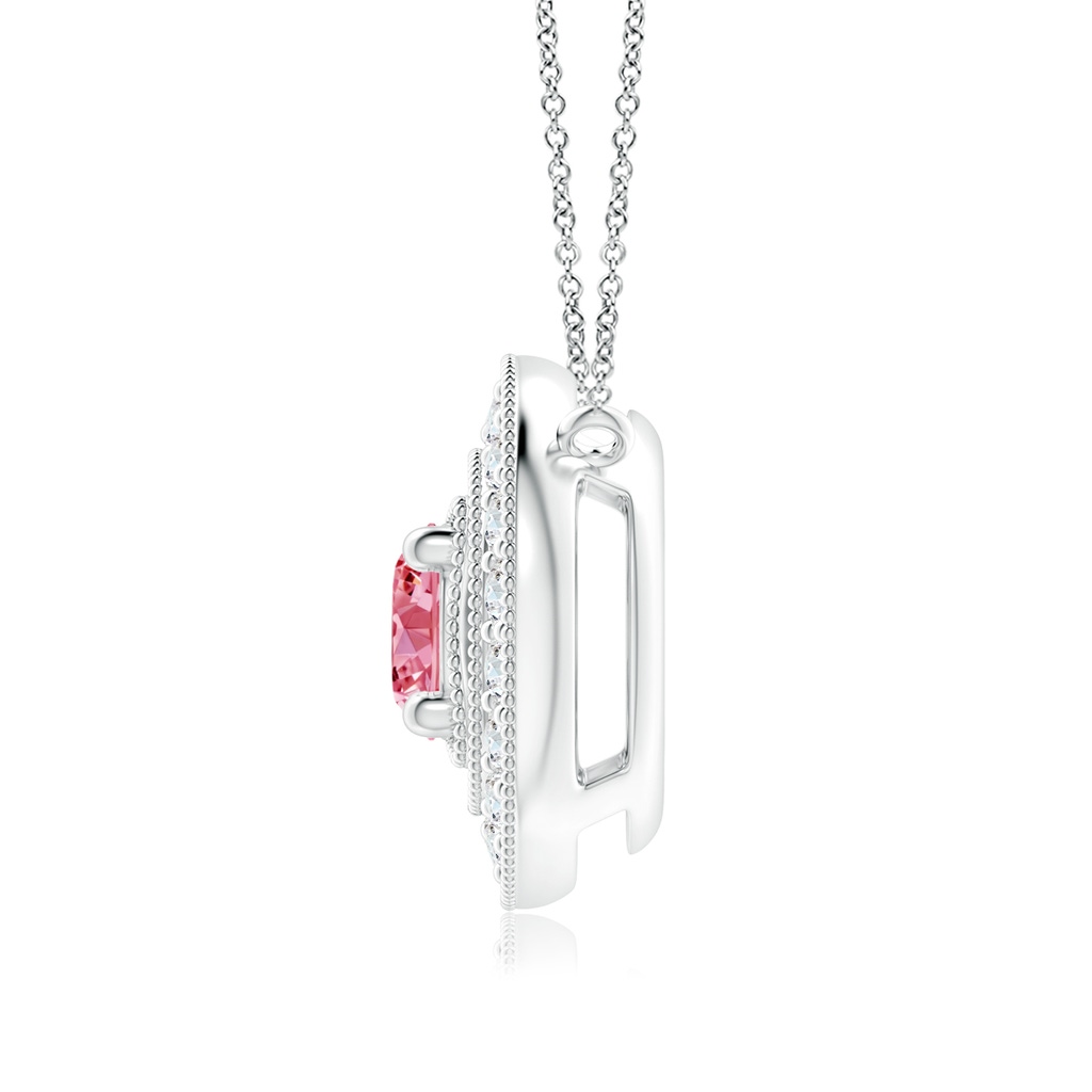6.4mm AAAA Vintage Style Fancy Intense Pink Diamond Halo Pendant with Milgrain Detailing in White Gold - side 199