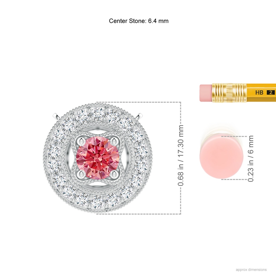 6.4mm AAAA Vintage Style Fancy Intense Pink Diamond Halo Pendant with Milgrain Detailing in White Gold ruler