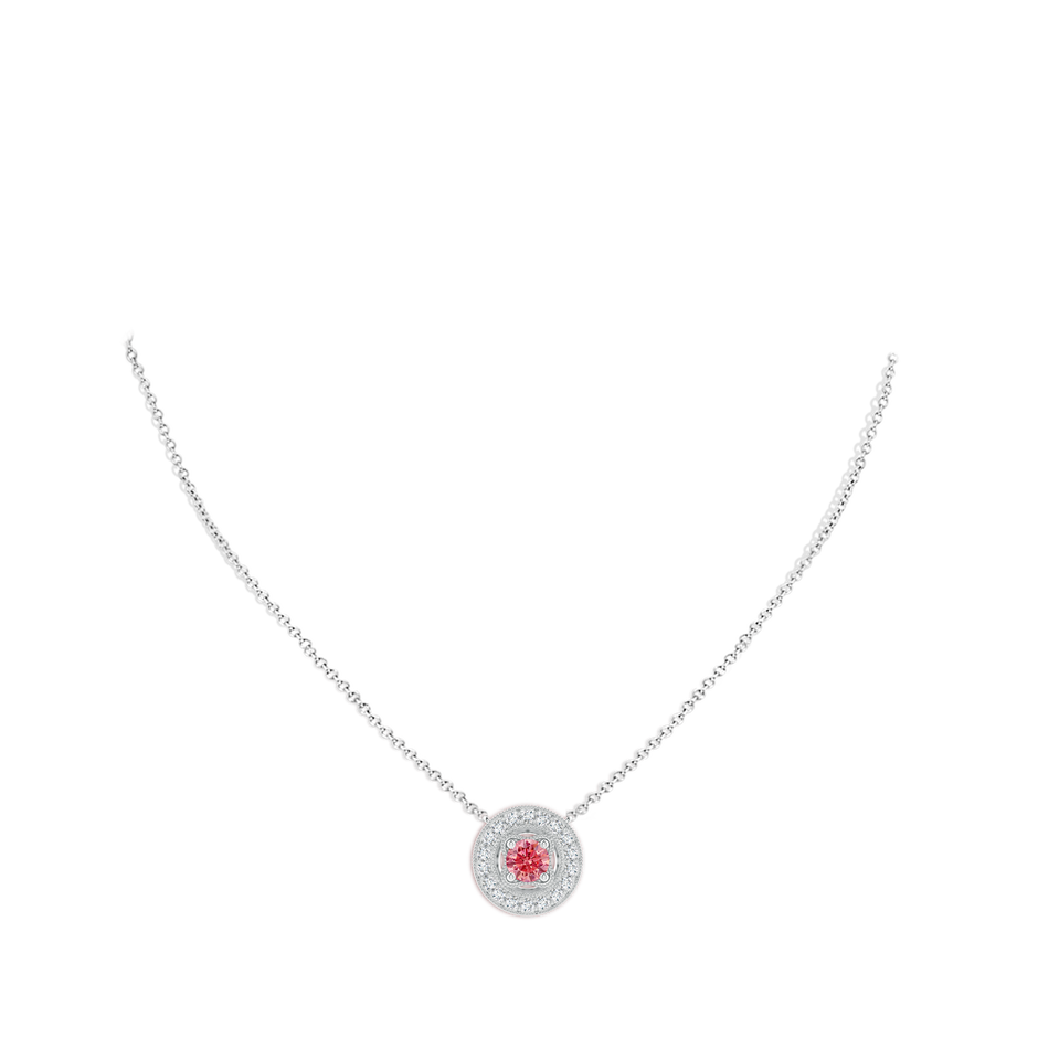 6.4mm AAAA Vintage Style Fancy Intense Pink Diamond Halo Pendant with Milgrain Detailing in White Gold pen