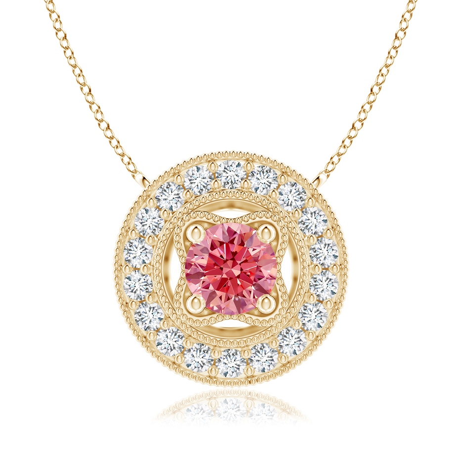 6.4mm AAAA Vintage Style Fancy Intense Pink Diamond Halo Pendant with Milgrain Detailing in Yellow Gold 