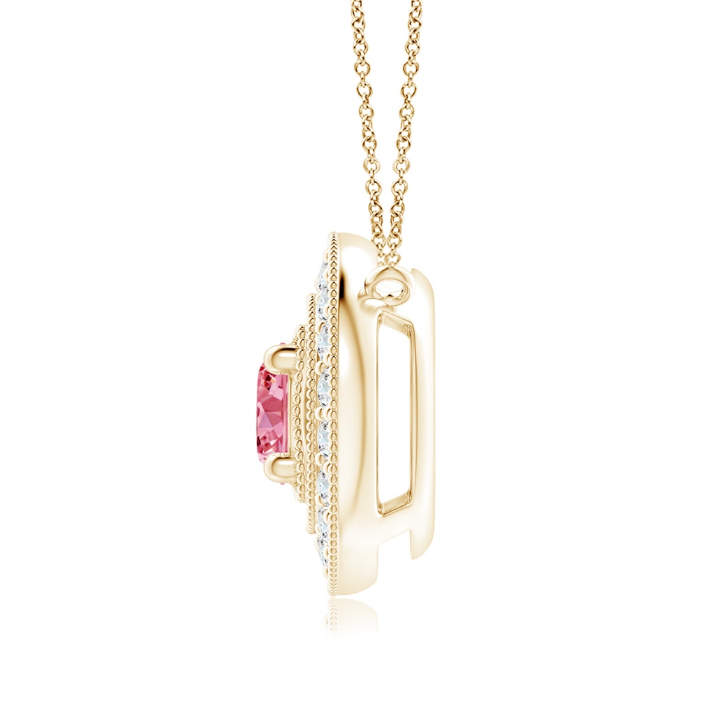 6.4mm AAAA Vintage Style Fancy Intense Pink Diamond Halo Pendant with Milgrain Detailing in Yellow Gold - side 199
