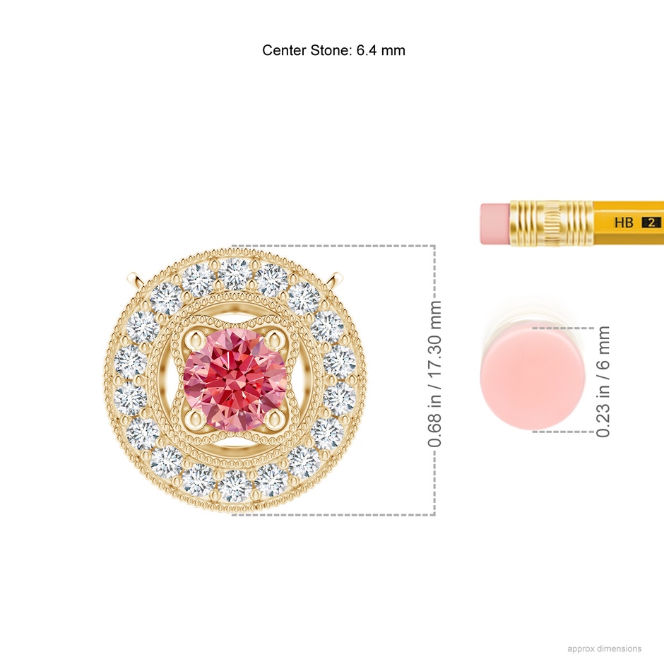 6.4mm AAAA Vintage Style Fancy Intense Pink Diamond Halo Pendant with Milgrain Detailing in Yellow Gold ruler