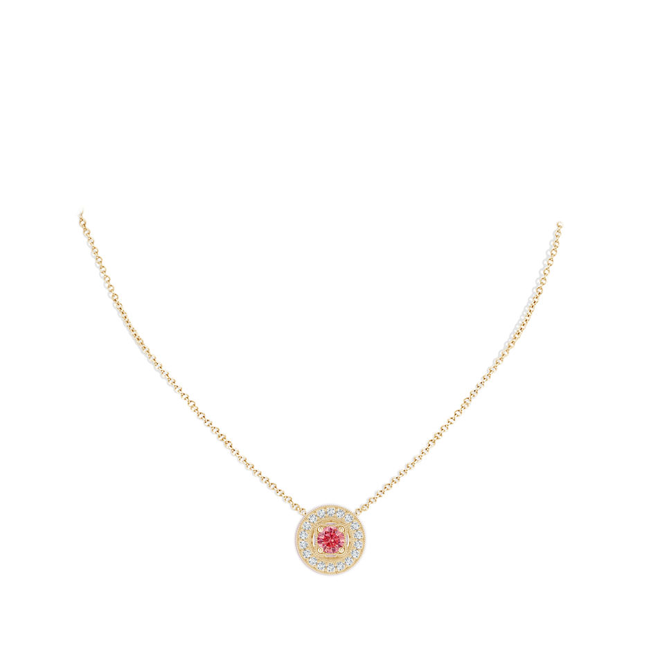 6.4mm AAAA Vintage Style Fancy Intense Pink Diamond Halo Pendant with Milgrain Detailing in Yellow Gold pen