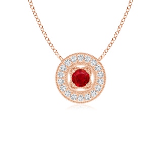 2.5mm AAA Vintage Style Ruby Halo Pendant with Milgrain Detailing in Rose Gold