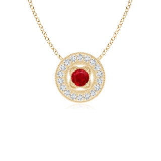 2.5mm AAA Vintage Style Ruby Halo Pendant with Milgrain Detailing in Yellow Gold