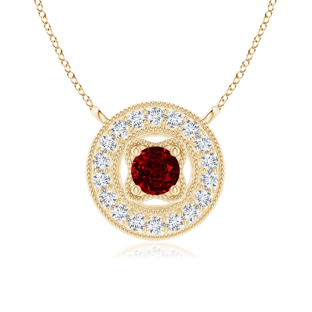 3.5mm AAAA Vintage Style Ruby Halo Pendant with Milgrain Detailing in Yellow Gold 