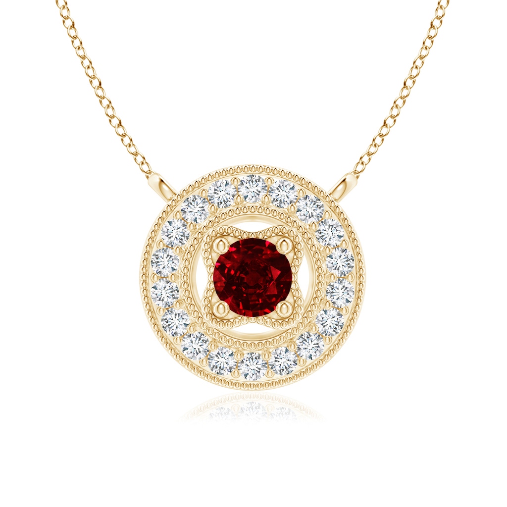 3.5mm AAAA Vintage Style Ruby Halo Pendant with Milgrain Detailing in Yellow Gold