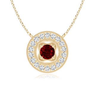 3.5mm AAAA Vintage Style Ruby Halo Pendant with Milgrain Detailing in Yellow Gold