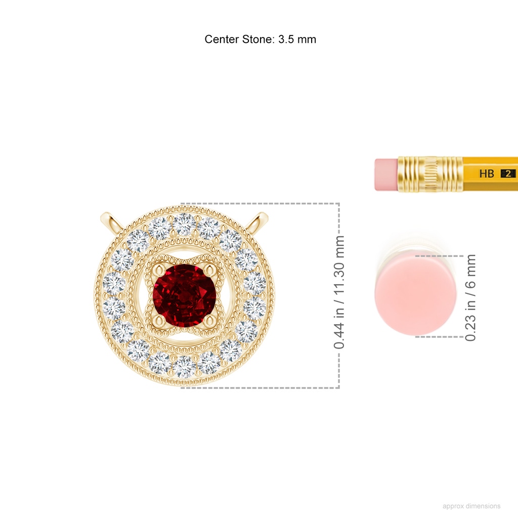 3.5mm AAAA Vintage Style Ruby Halo Pendant with Milgrain Detailing in Yellow Gold ruler