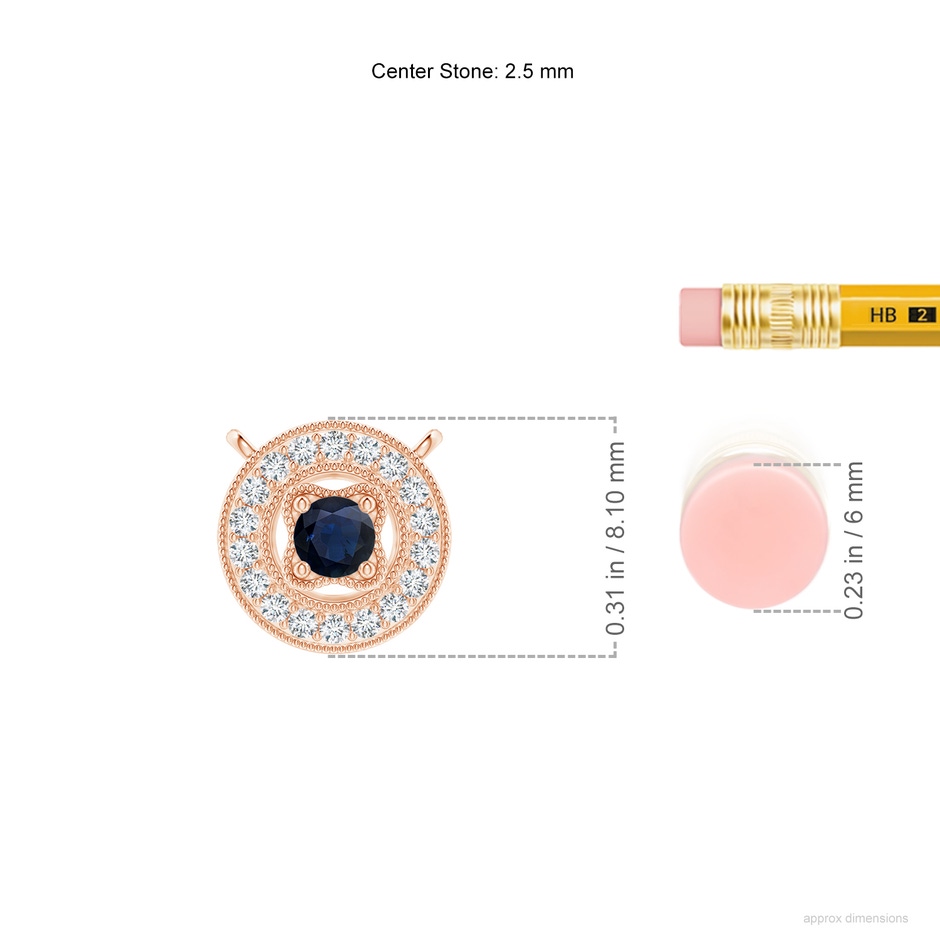 2.5mm A Vintage Style Sapphire Halo Pendant with Milgrain Detailing in Rose Gold ruler