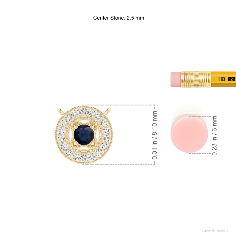 2.5mm A Vintage Style Sapphire Halo Pendant with Milgrain Detailing in Yellow Gold ruler