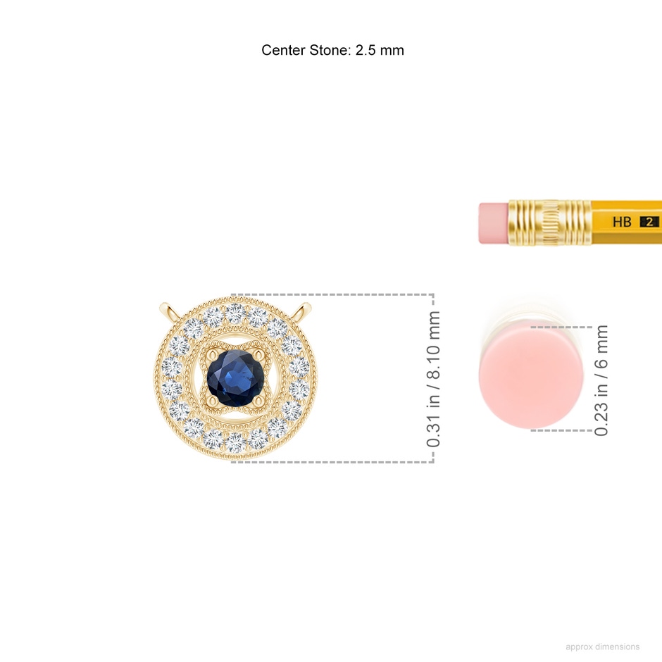 2.5mm AA Vintage Style Sapphire Halo Pendant with Milgrain Detailing in Yellow Gold ruler