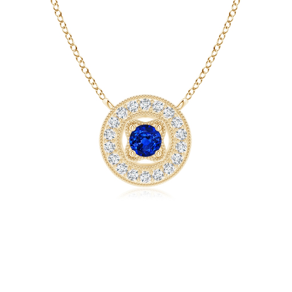 2.5mm AAAA Vintage Style Sapphire Halo Pendant with Milgrain Detailing in Yellow Gold