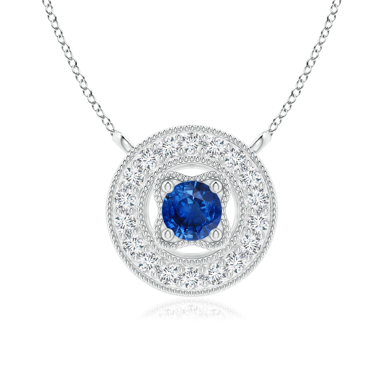 3.5mm AAA Vintage Style Sapphire Halo Pendant with Milgrain Detailing in White Gold