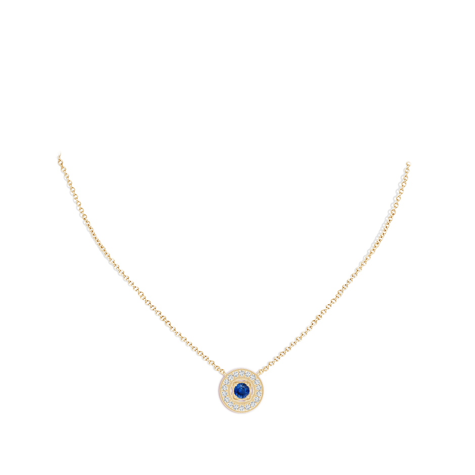 3.5mm AAA Vintage Style Sapphire Halo Pendant with Milgrain Detailing in Yellow Gold pen