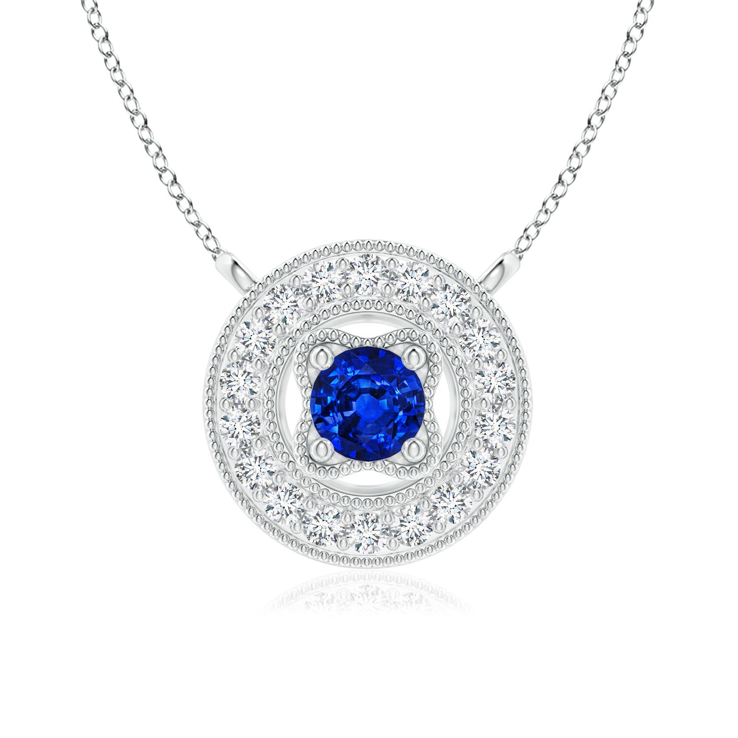 3.5mm AAAA Vintage Style Sapphire Halo Pendant with Milgrain Detailing in 18K White Gold