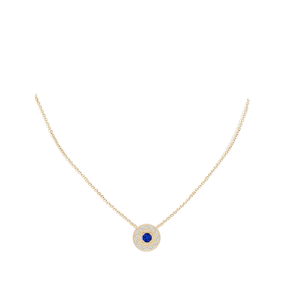 3.5mm AAAA Vintage Style Sapphire Halo Pendant with Milgrain Detailing in Yellow Gold pen