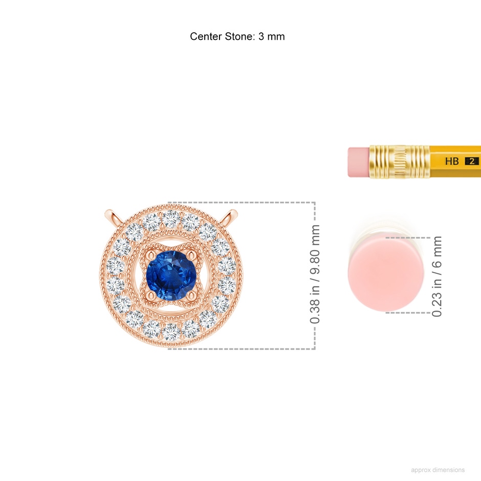 3mm AAA Vintage Style Sapphire Halo Pendant with Milgrain Detailing in Rose Gold ruler