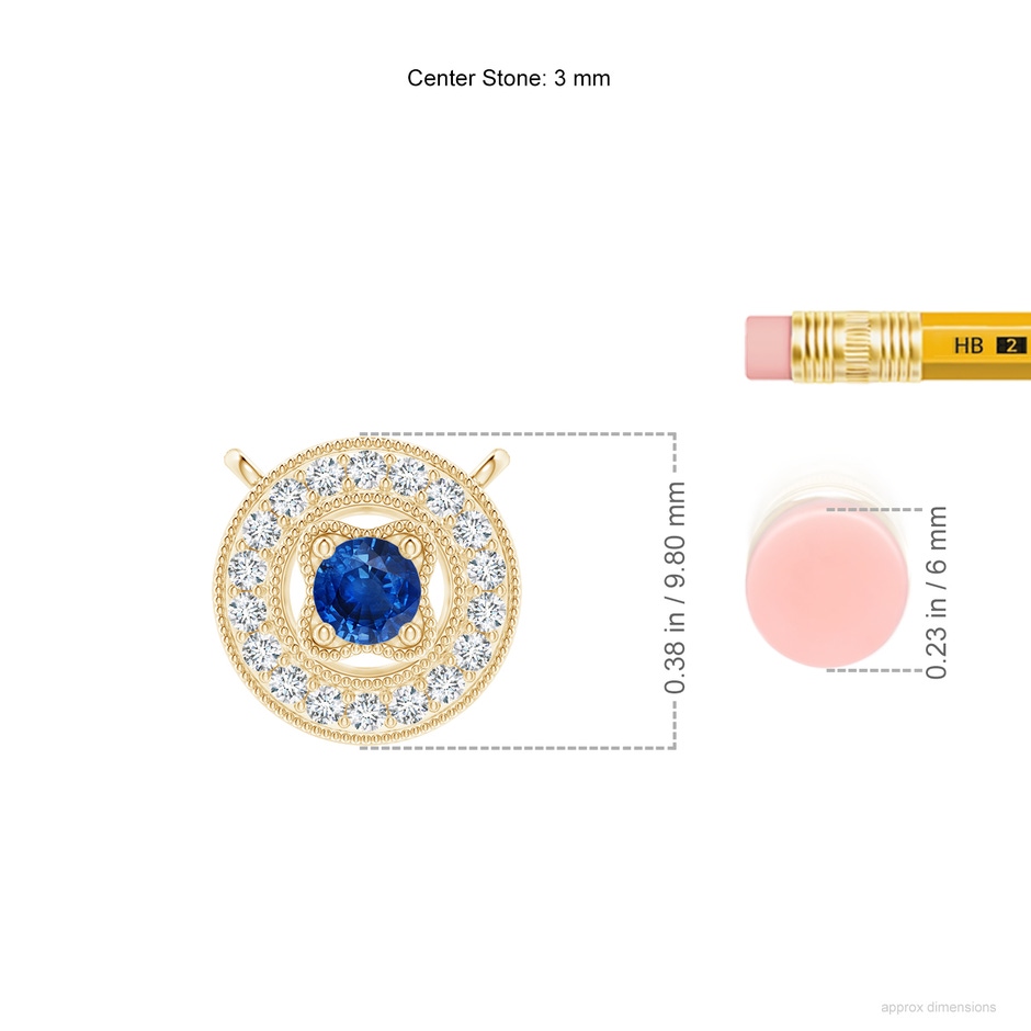 3mm AAA Vintage Style Sapphire Halo Pendant with Milgrain Detailing in Yellow Gold ruler