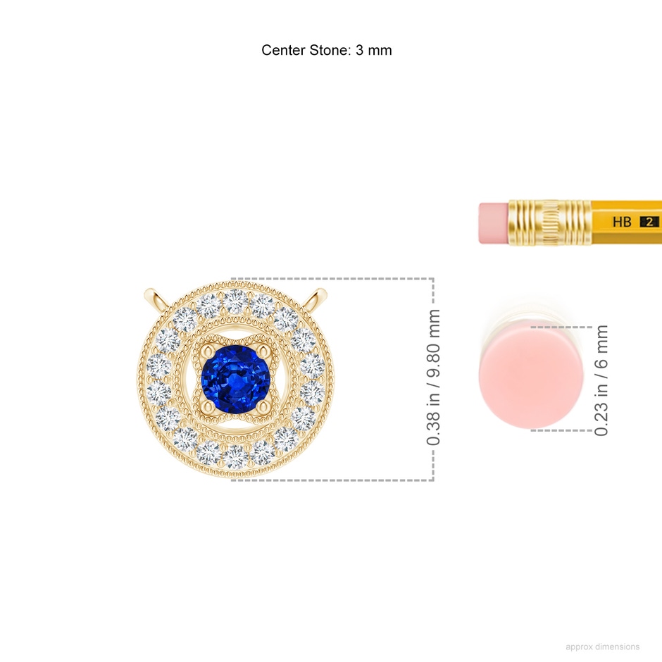 3mm AAAA Vintage Style Sapphire Halo Pendant with Milgrain Detailing in 18K Yellow Gold ruler