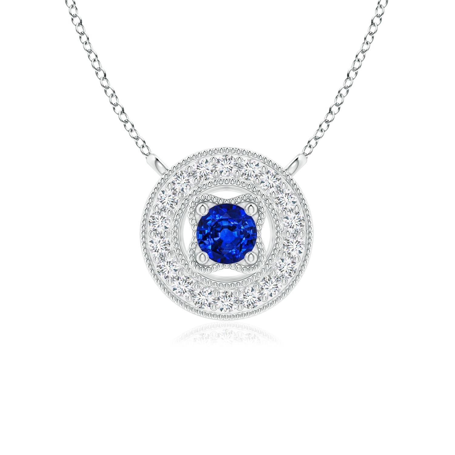 3mm AAAA Vintage Style Sapphire Halo Pendant with Milgrain Detailing in White Gold