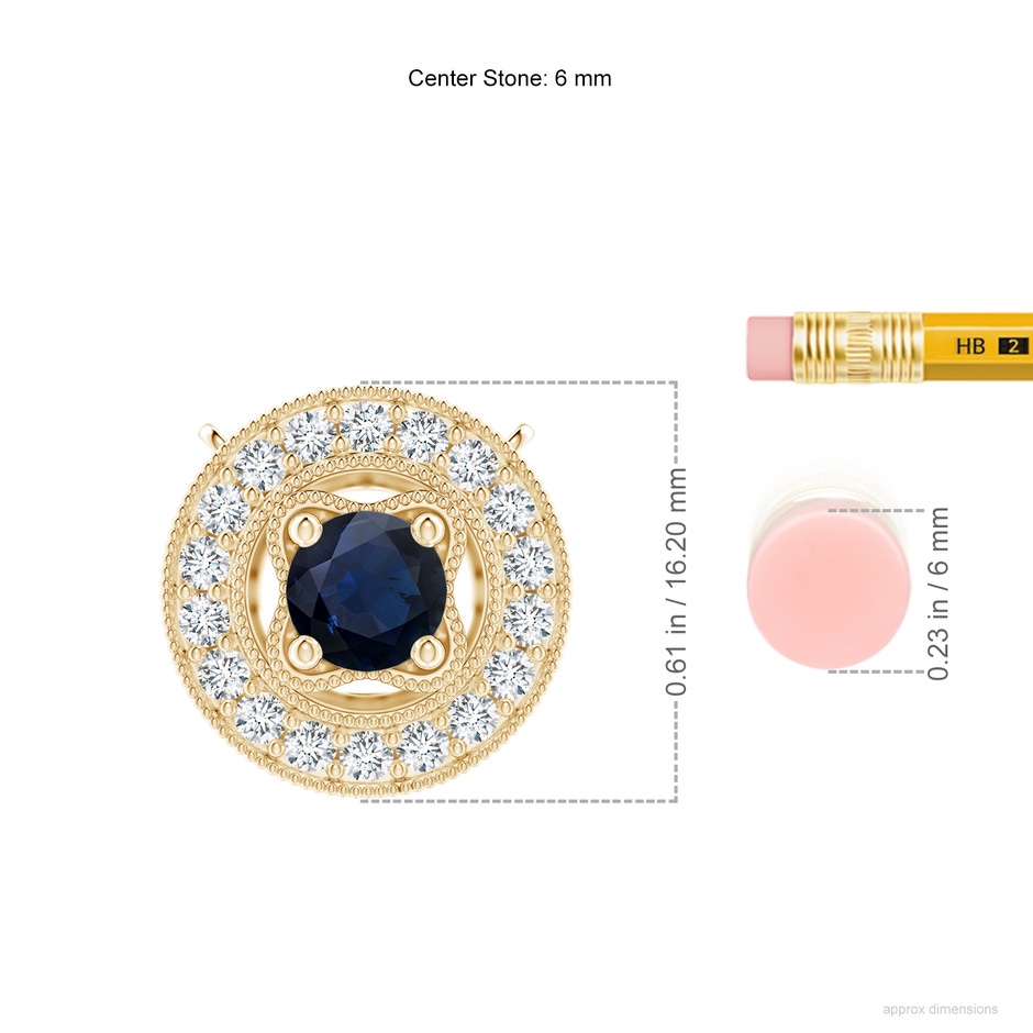 6mm A Vintage Style Sapphire Halo Pendant with Milgrain Detailing in Yellow Gold ruler