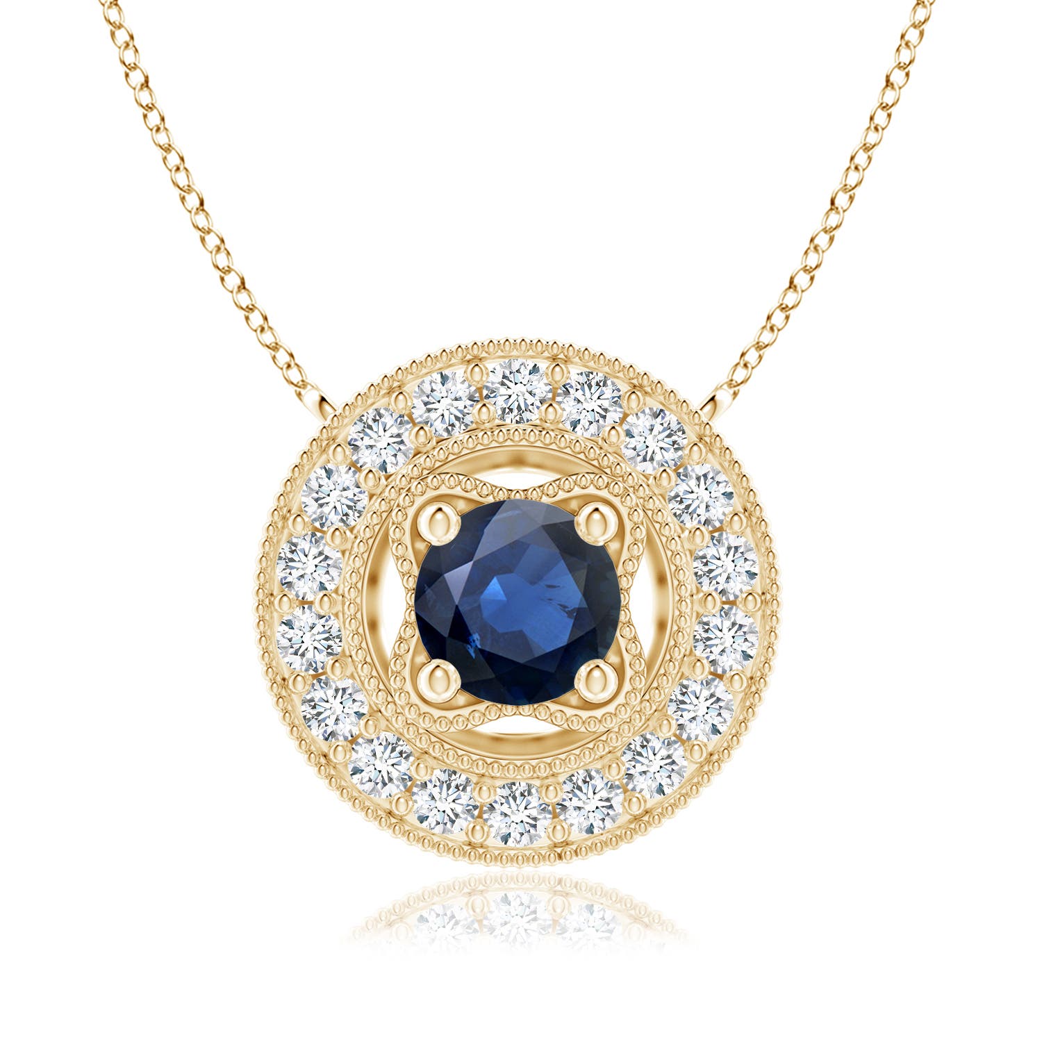 6mm AA Vintage Style Sapphire Halo Pendant with Milgrain Detailing in Yellow Gold