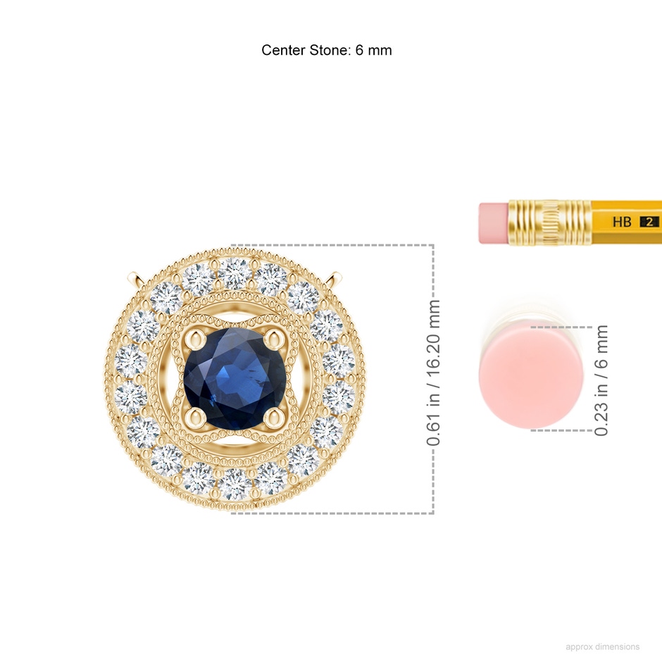 6mm AA Vintage Style Sapphire Halo Pendant with Milgrain Detailing in Yellow Gold ruler
