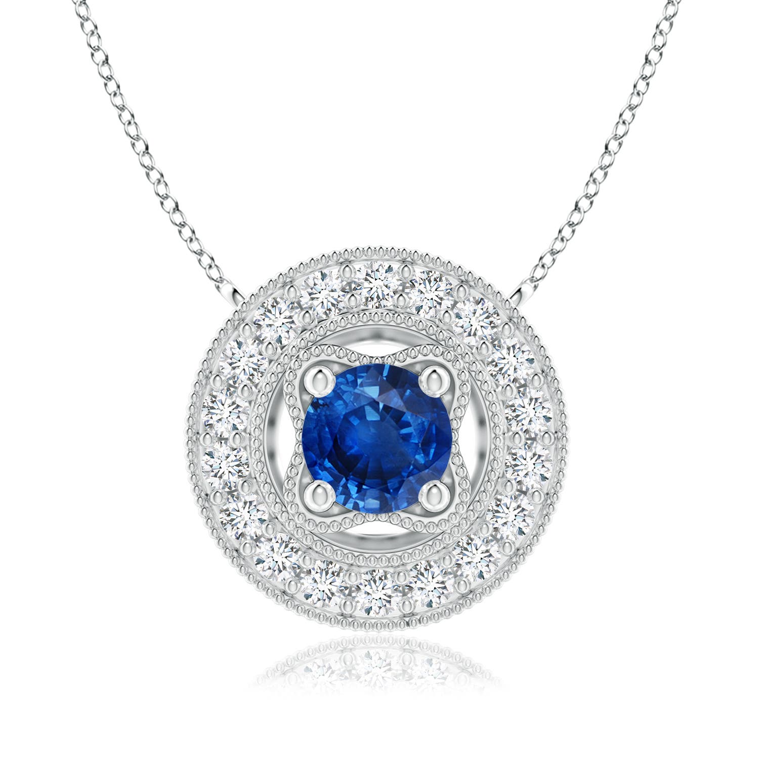 6mm AAA Vintage Style Sapphire Halo Pendant with Milgrain Detailing in White Gold