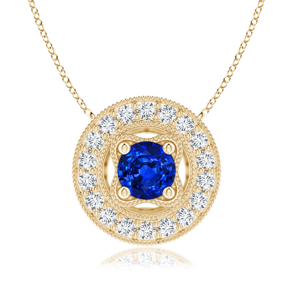 6mm Lab-Grown Vintage Style Sapphire Halo Pendant with Milgrain Detailing in Yellow Gold