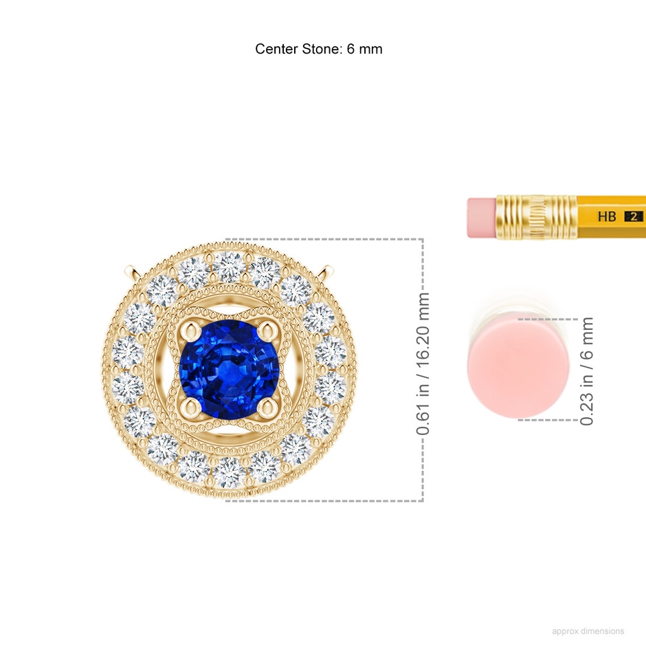 6mm Lab-Grown Vintage Style Sapphire Halo Pendant with Milgrain Detailing in Yellow Gold ruler