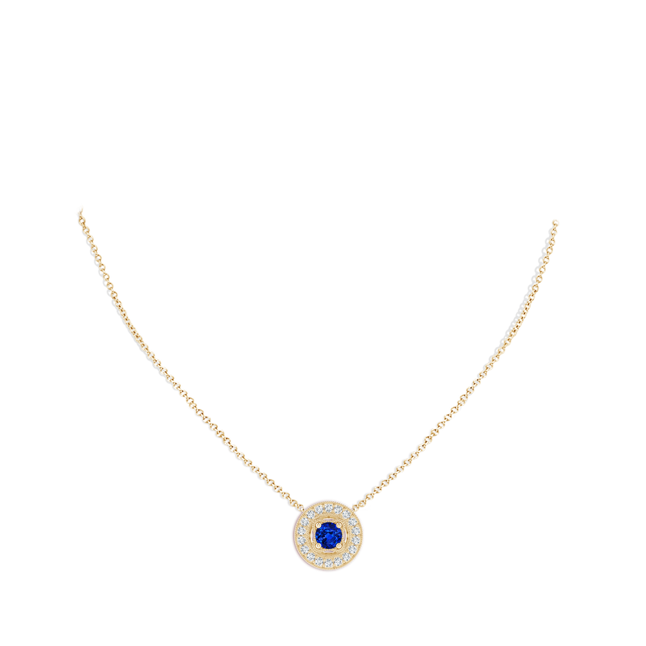 6mm Lab-Grown Vintage Style Sapphire Halo Pendant with Milgrain Detailing in Yellow Gold pen