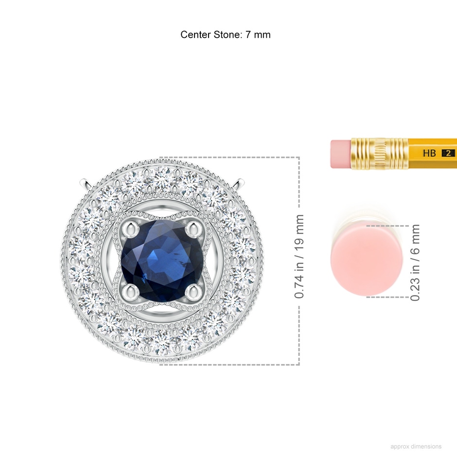 7mm AA Vintage Style Sapphire Halo Pendant with Milgrain Detailing in White Gold ruler
