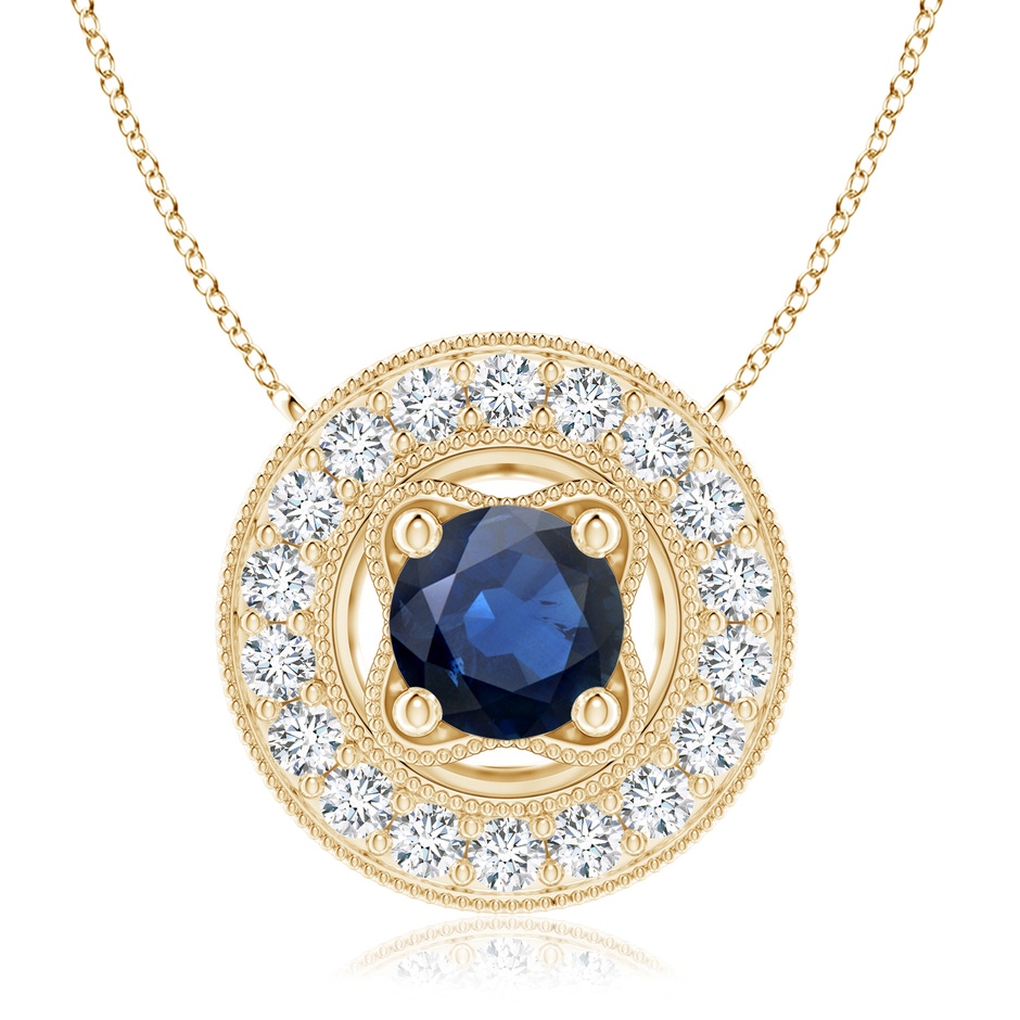 7mm AA Vintage Style Sapphire Halo Pendant with Milgrain Detailing in Yellow Gold 
