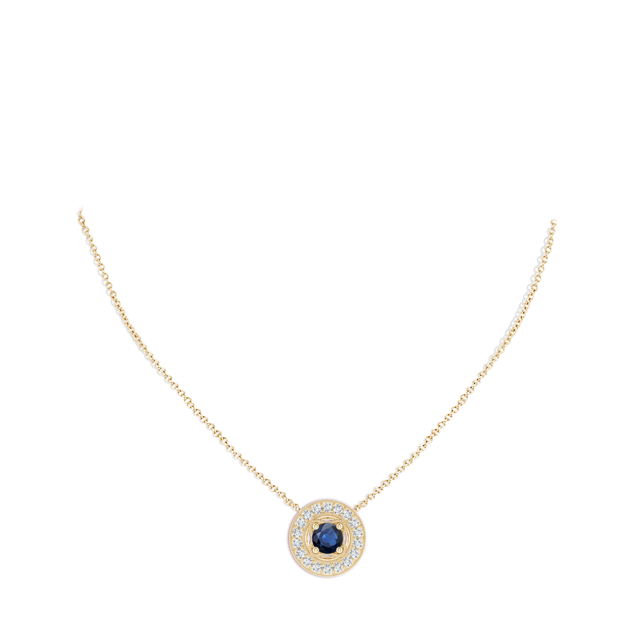7mm AA Vintage Style Sapphire Halo Pendant with Milgrain Detailing in Yellow Gold pen