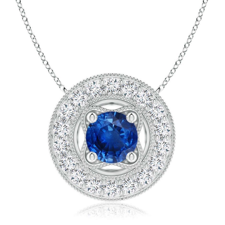 7mm AAA Vintage Style Sapphire Halo Pendant with Milgrain Detailing in White Gold 