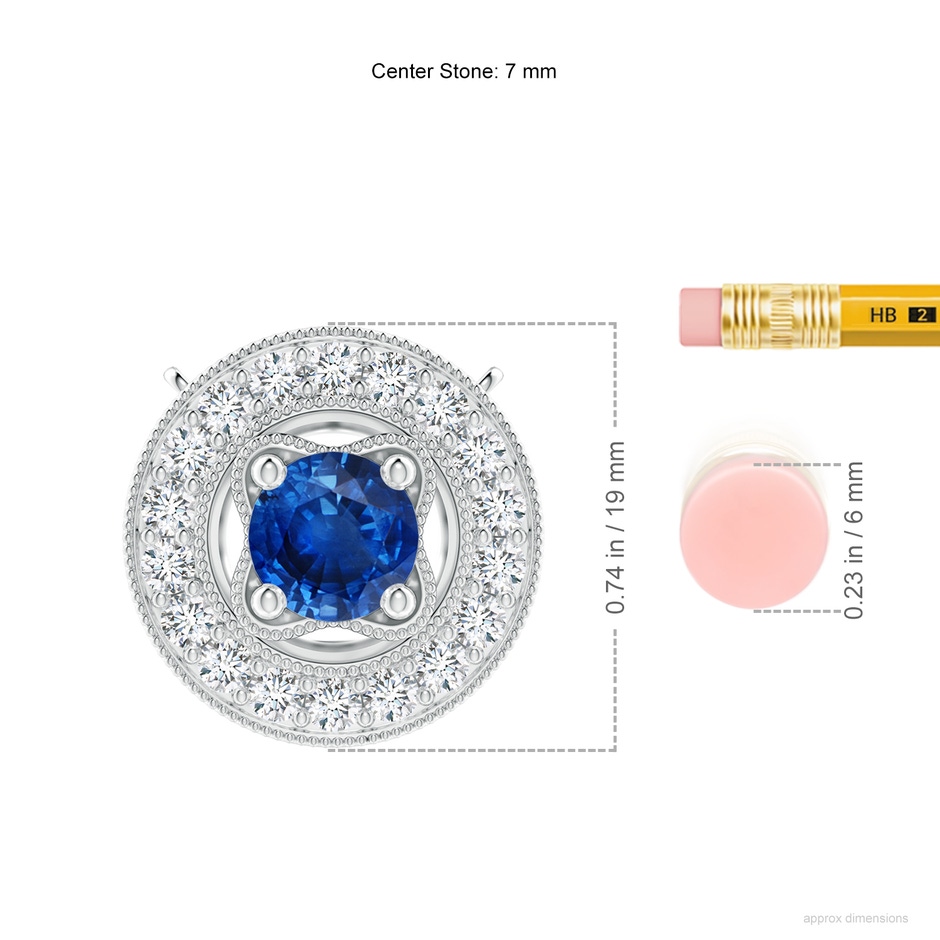 7mm AAA Vintage Style Sapphire Halo Pendant with Milgrain Detailing in White Gold ruler