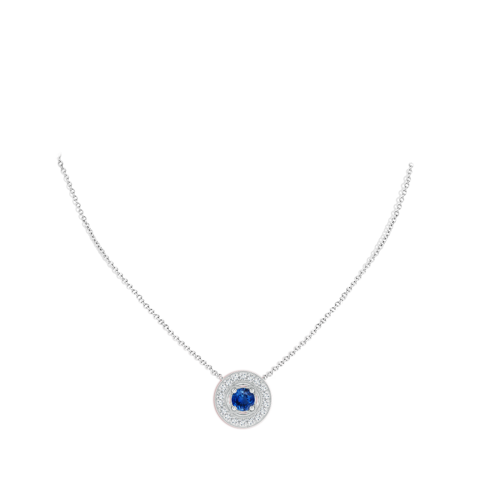7mm AAA Vintage Style Sapphire Halo Pendant with Milgrain Detailing in White Gold pen