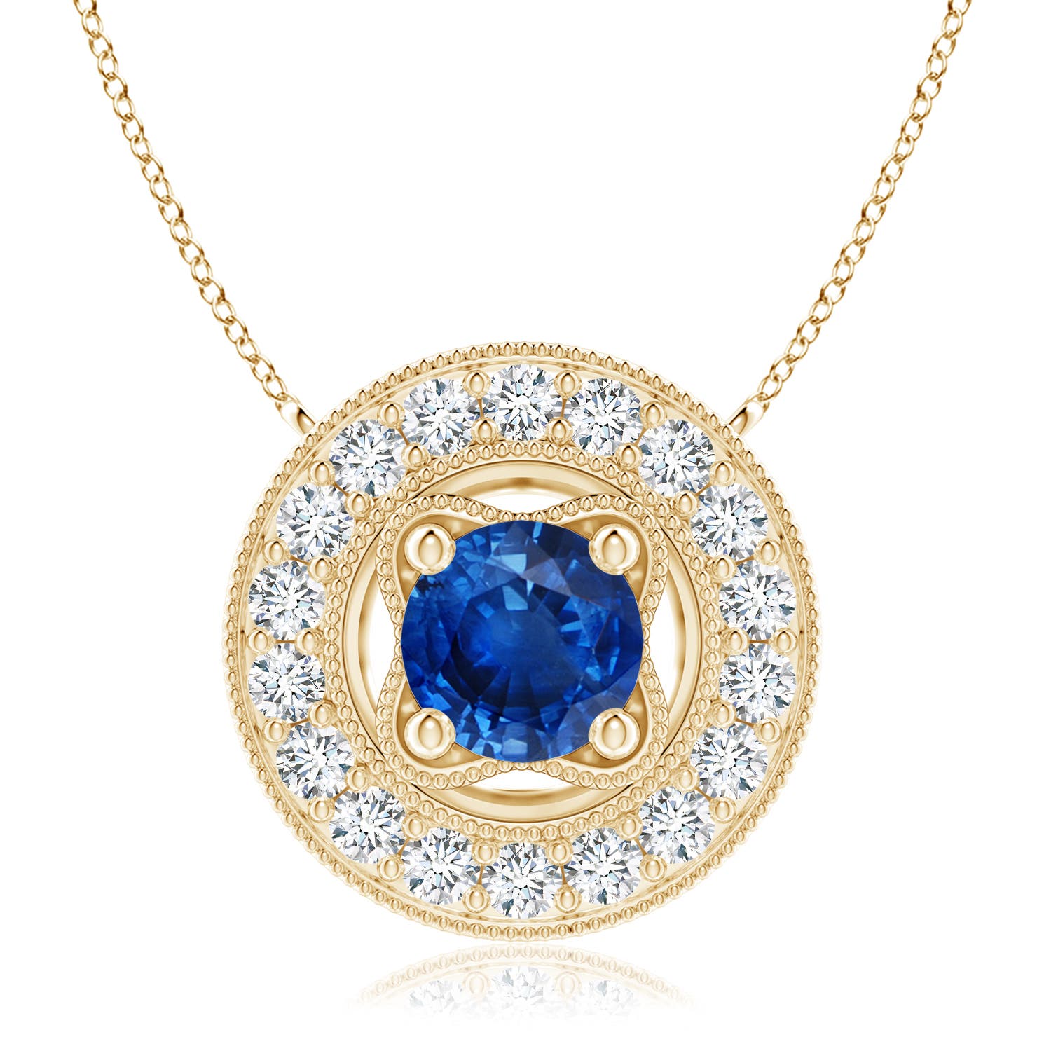 7mm AAA Vintage Style Sapphire Halo Pendant with Milgrain Detailing in Yellow Gold