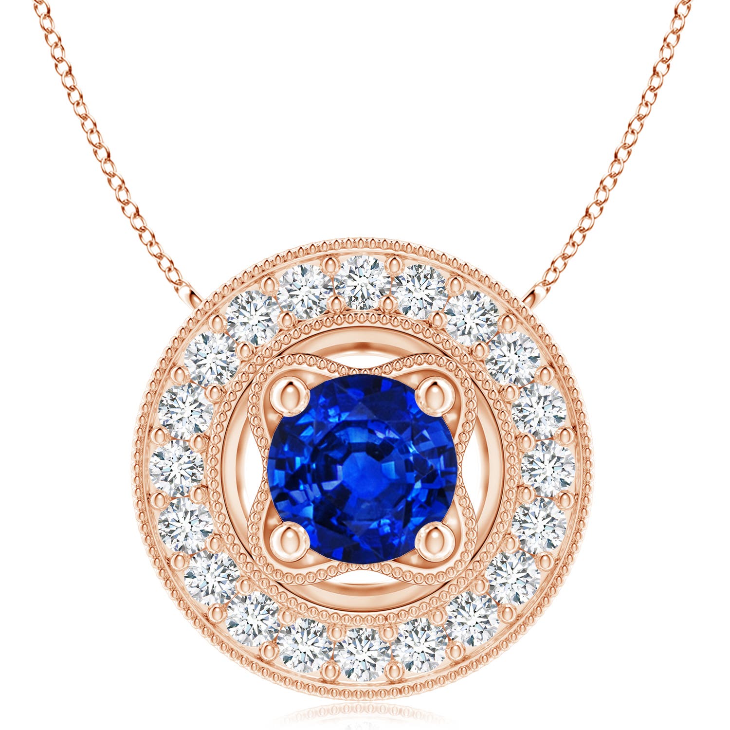 8mm AAAA Vintage Style Sapphire Halo Pendant with Milgrain Detailing in Rose Gold