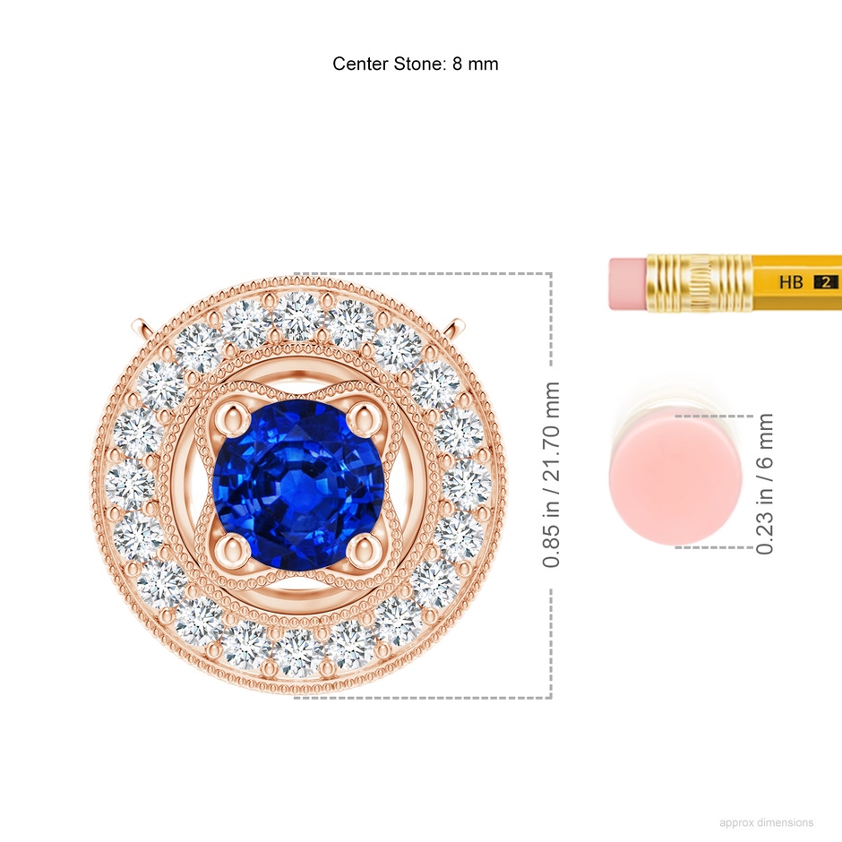 8mm AAAA Vintage Style Sapphire Halo Pendant with Milgrain Detailing in Rose Gold ruler