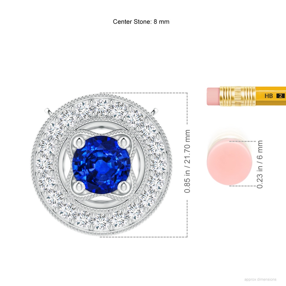 8mm AAAA Vintage Style Sapphire Halo Pendant with Milgrain Detailing in S999 Silver ruler