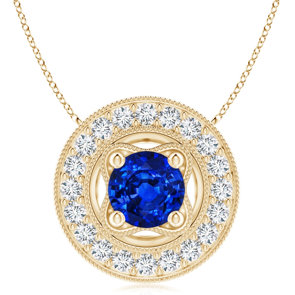 8mm AAAA Vintage Style Sapphire Halo Pendant with Milgrain Detailing in Yellow Gold 