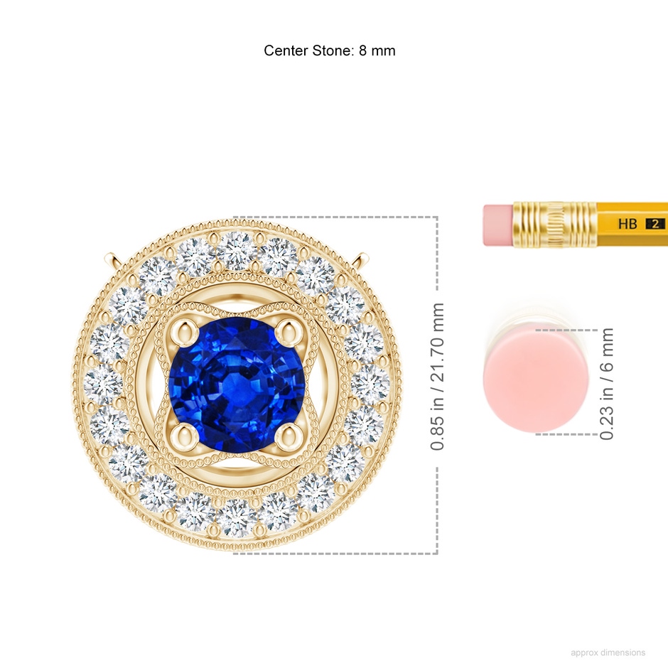 8mm AAAA Vintage Style Sapphire Halo Pendant with Milgrain Detailing in Yellow Gold ruler