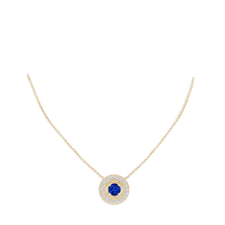8mm AAAA Vintage Style Sapphire Halo Pendant with Milgrain Detailing in Yellow Gold pen