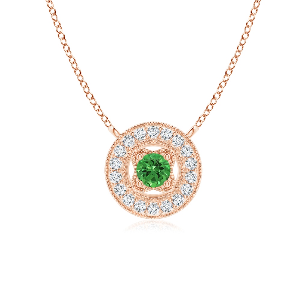 2.5mm AAAA Vintage Style Tsavorite Halo Pendant with Milgrain Detailing in Rose Gold