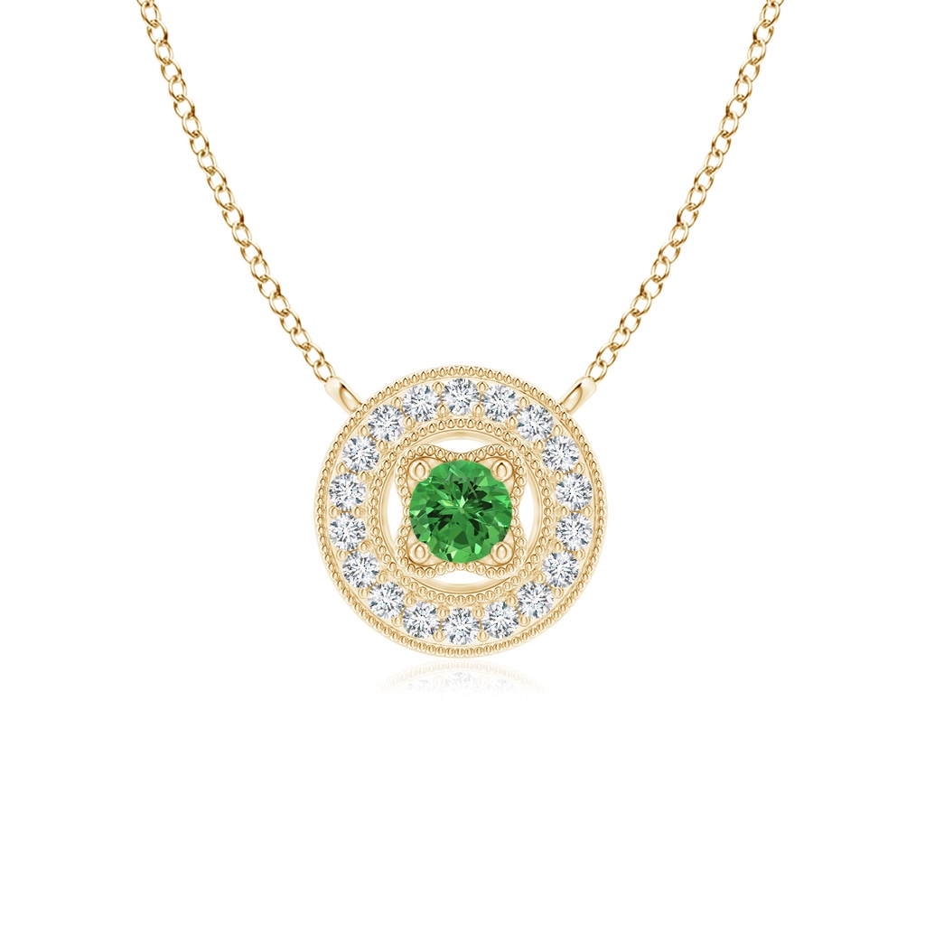 2.5mm AAAA Vintage Style Tsavorite Halo Pendant with Milgrain Detailing in Yellow Gold