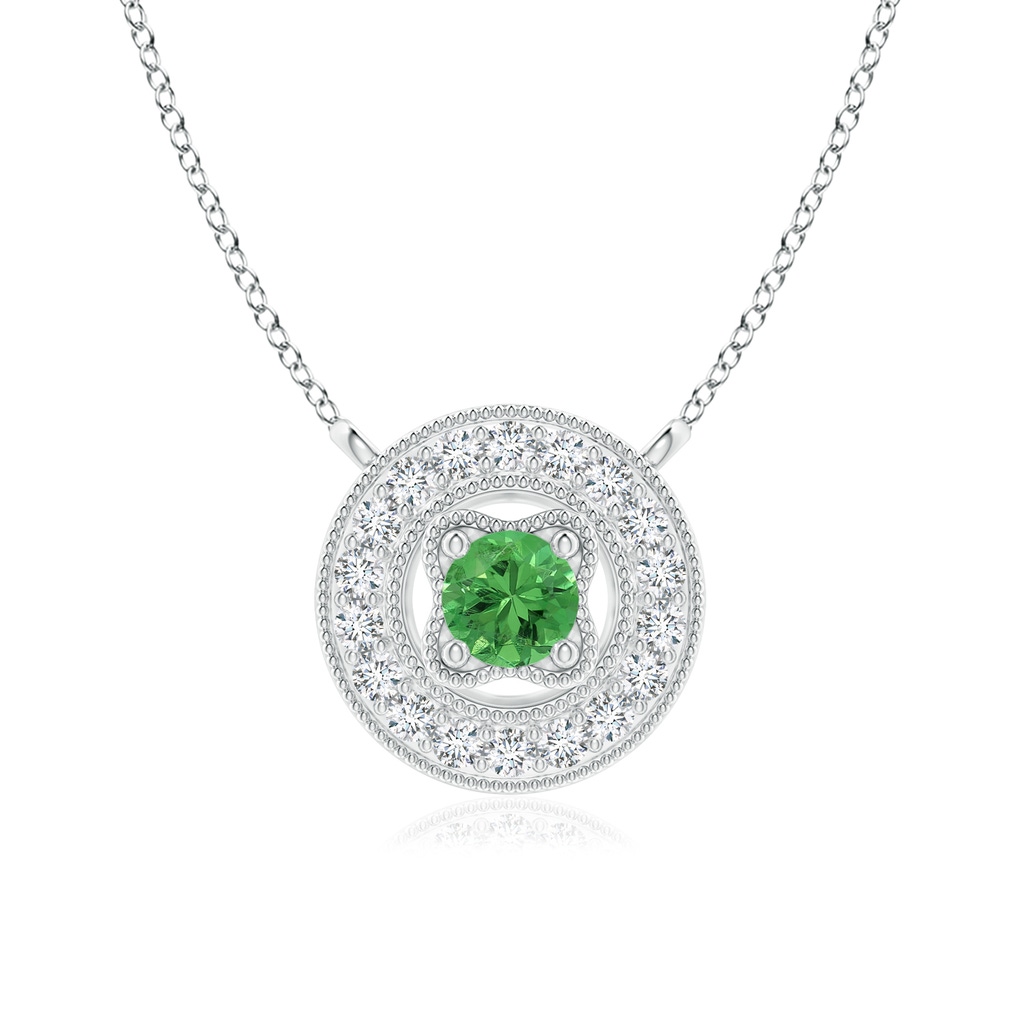 3mm AAA Vintage Style Tsavorite Halo Pendant with Milgrain Detailing in White Gold