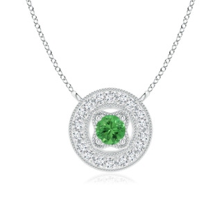 3mm AAA Vintage Style Tsavorite Halo Pendant with Milgrain Detailing in White Gold
